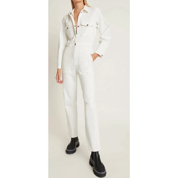 Rivet Utility Pants - RIVET UTILITY Powerhouse White Stretch Denim Long Sleeve Jumpsuit Sz M $425